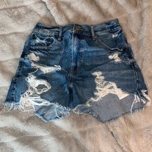 american eagle 90s boyfriend high-rise blue ripped jean shorts